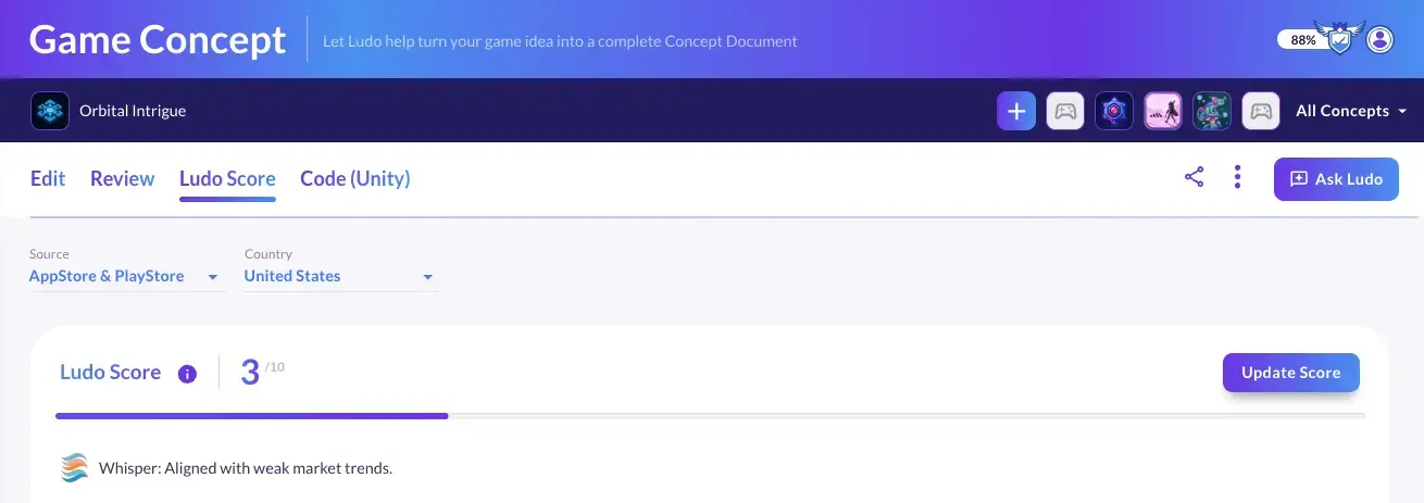 Game concept header for Orbital Intrigue showing the simplified 1 to 10 Ludo Score scale at 3 out of 10