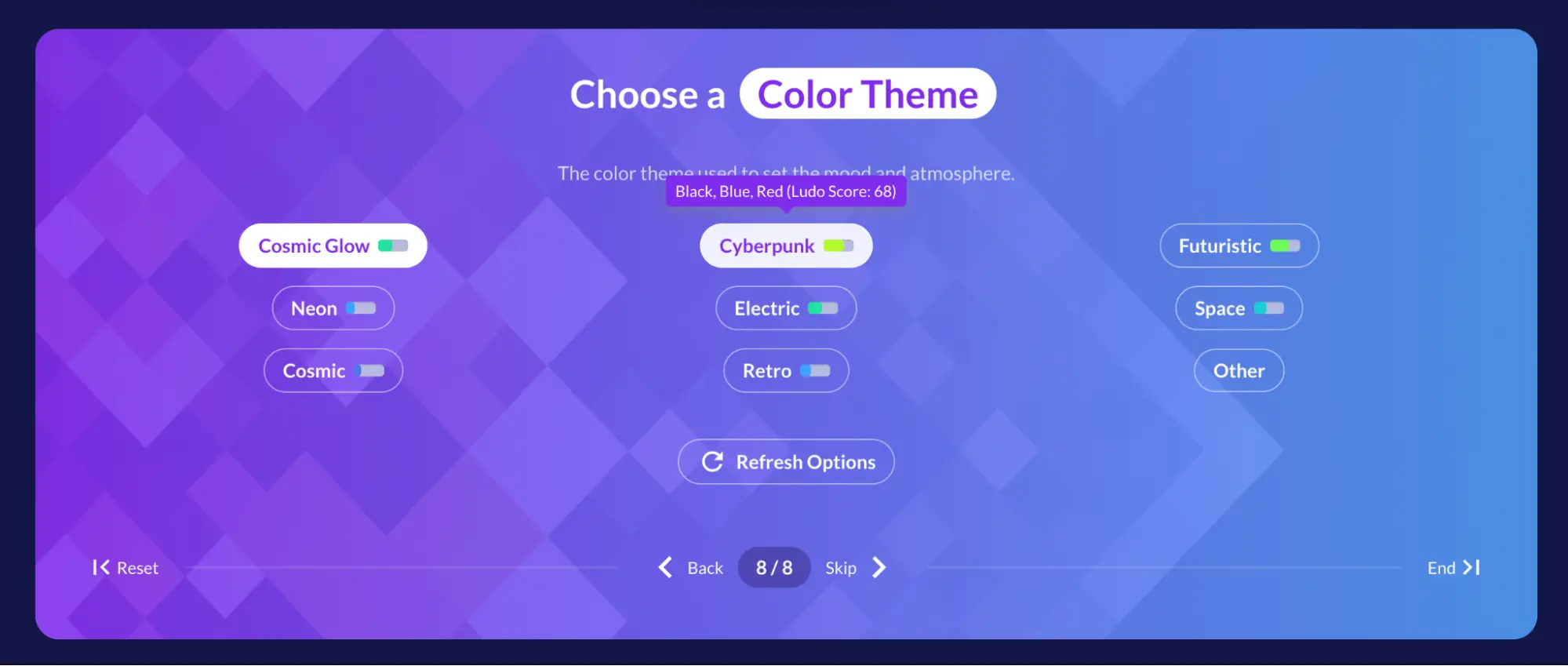 Final step of the ideator, Choose a Color Theme, with Cyberpunk selected at Ludo Score 68 and a Refresh Options button