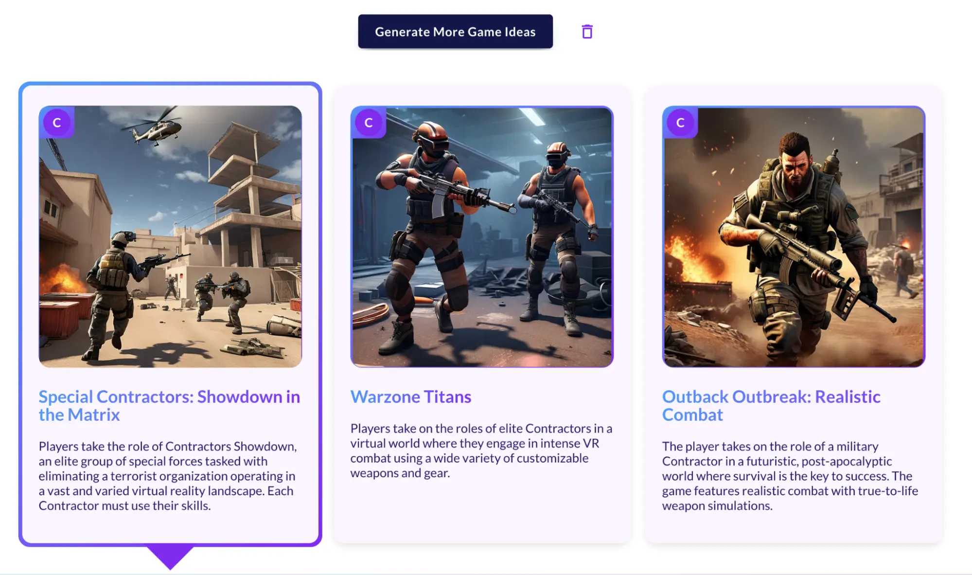 Ludo.ai game ideator output: three military shooter concepts, each with generated key art and a pitch