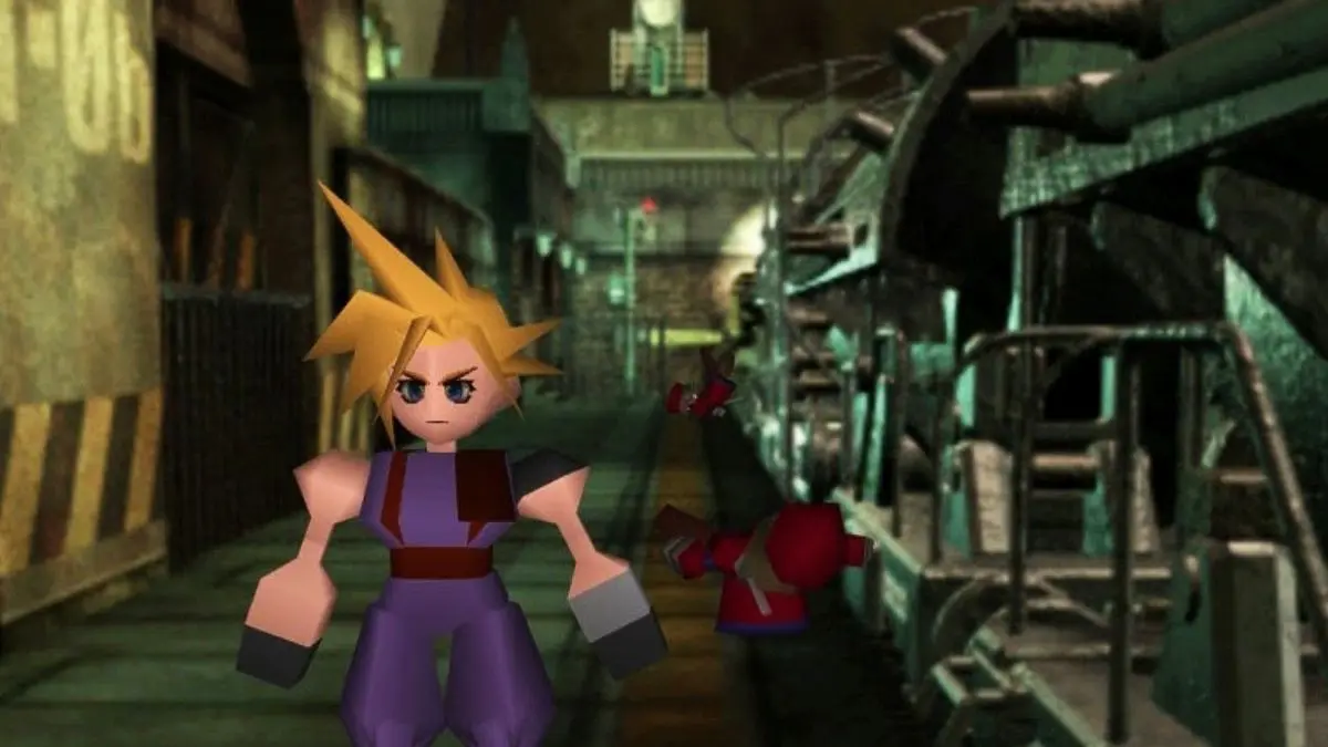 Cloud Strife standing in the Midgar train yard in the original PlayStation release of Final Fantasy VII