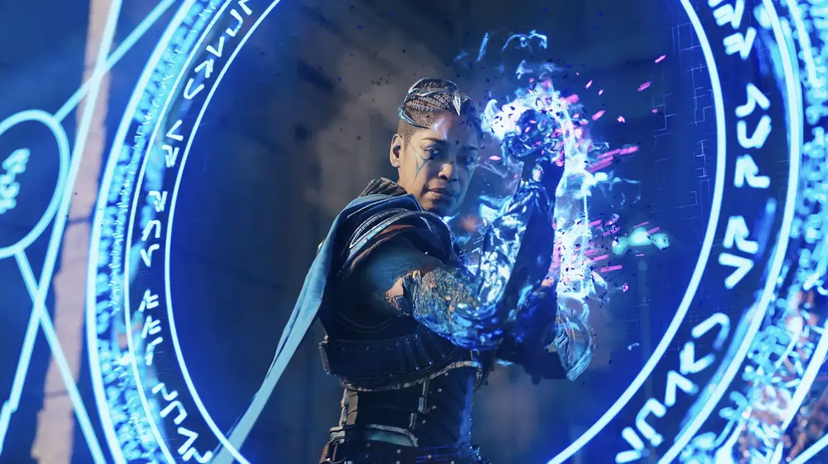 Immortals of Aveum: a battlemage channels blue magic in front of a glowing rune circle