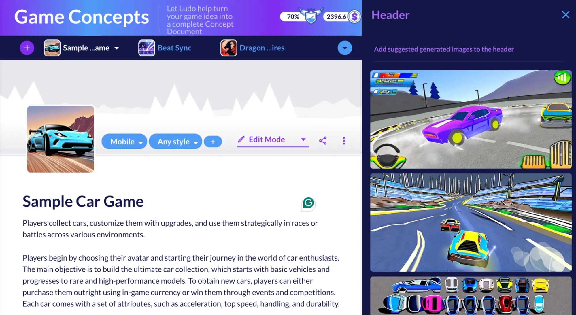Ludo.ai Game Concepts document for a sample car game, with generated racing header images suggested in a side panel