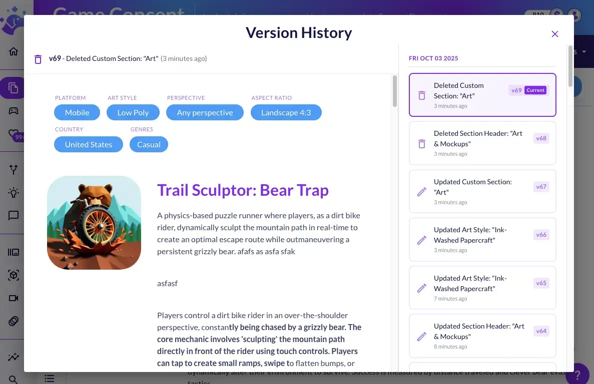 Version History dialog listing numbered edits by timestamp, with the chosen revision previewed beside the list