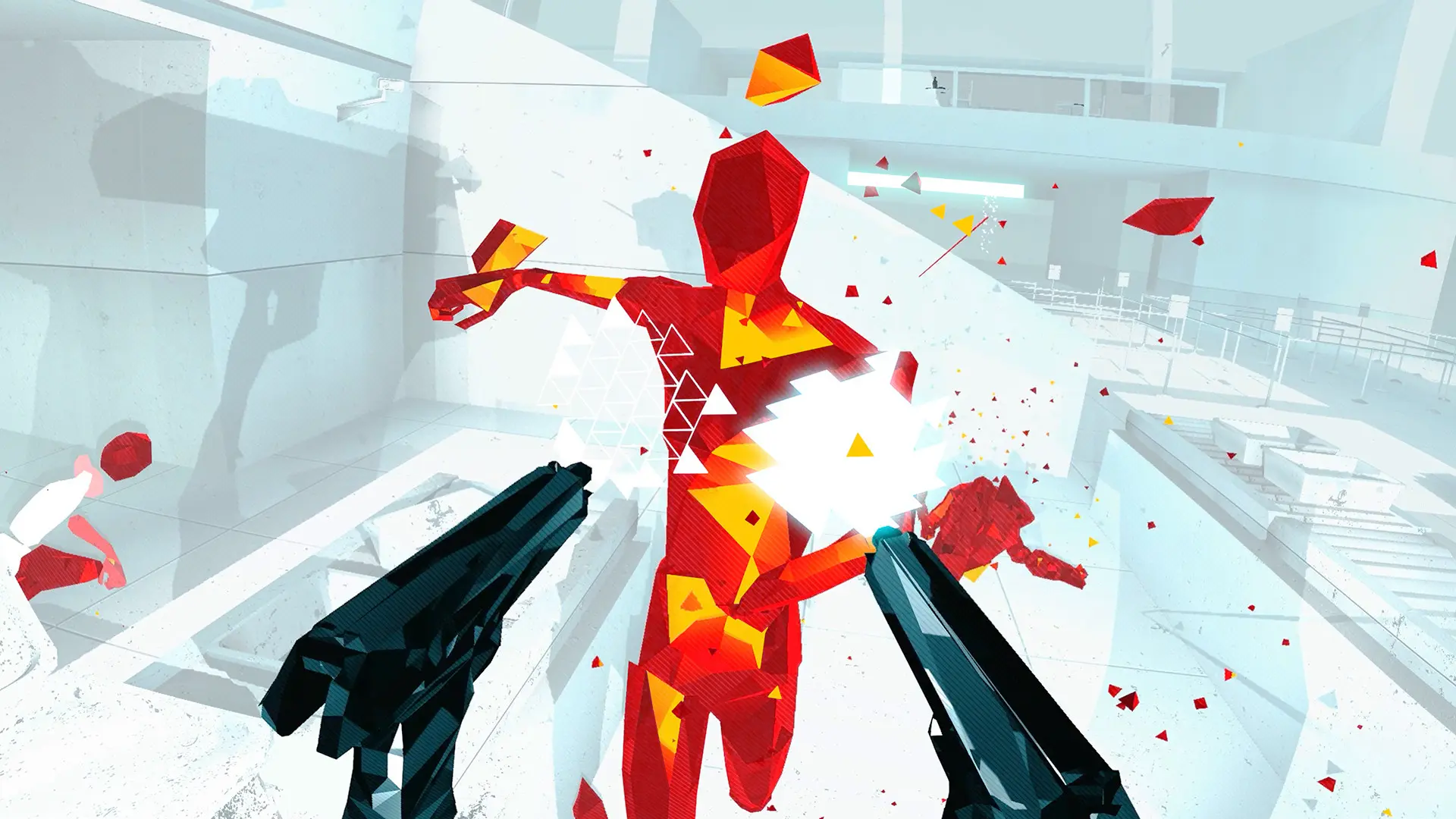 SUPERHOT gameplay: a red polygonal enemy shattering at point blank range in a stark white minimalist level