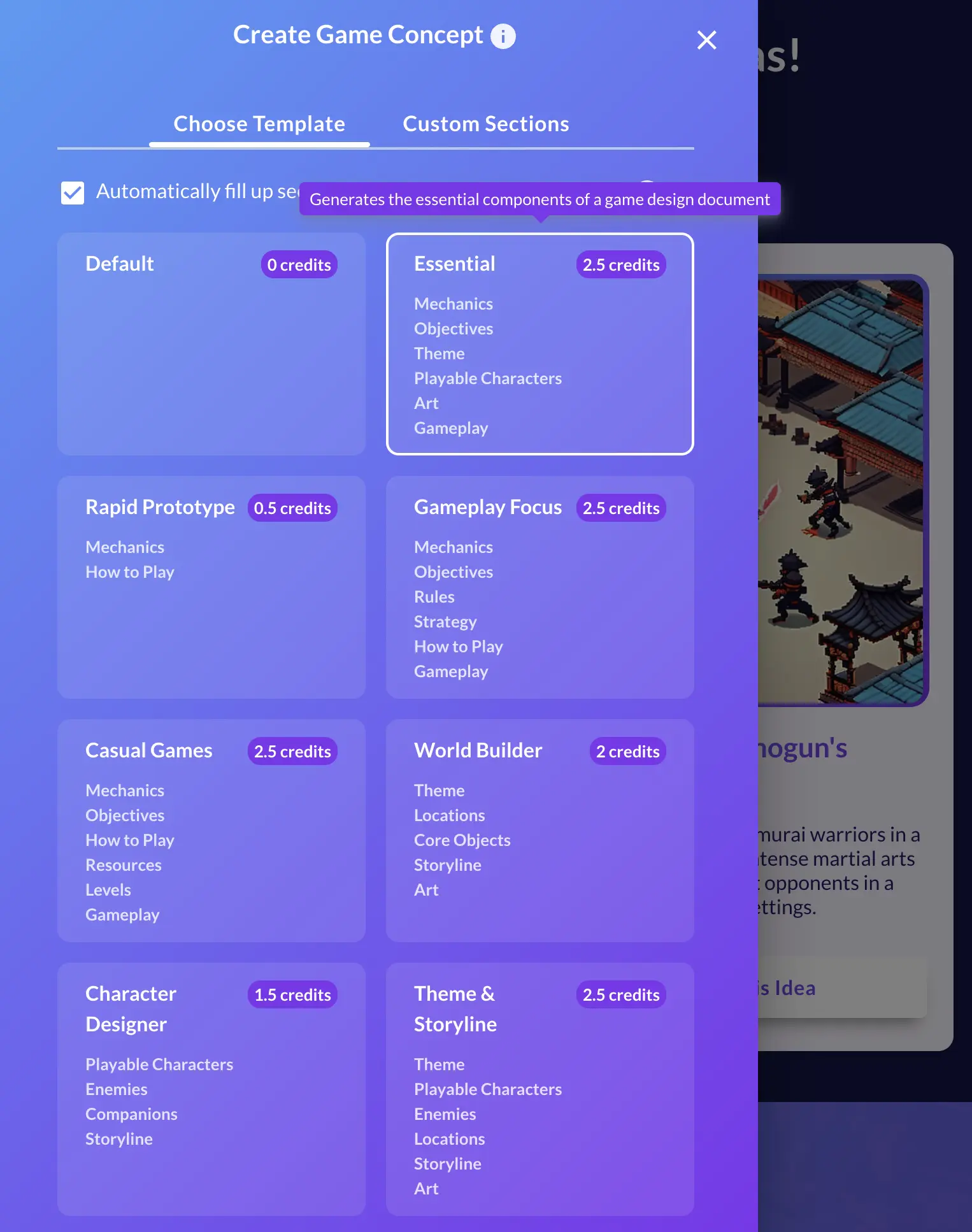 Create Game Concept modal listing templates such as Essential, Rapid Prototype and World Builder with credit costs