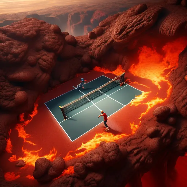AI-generated concept of a tennis match played on a court ringed by molten lava in a rocky canyon