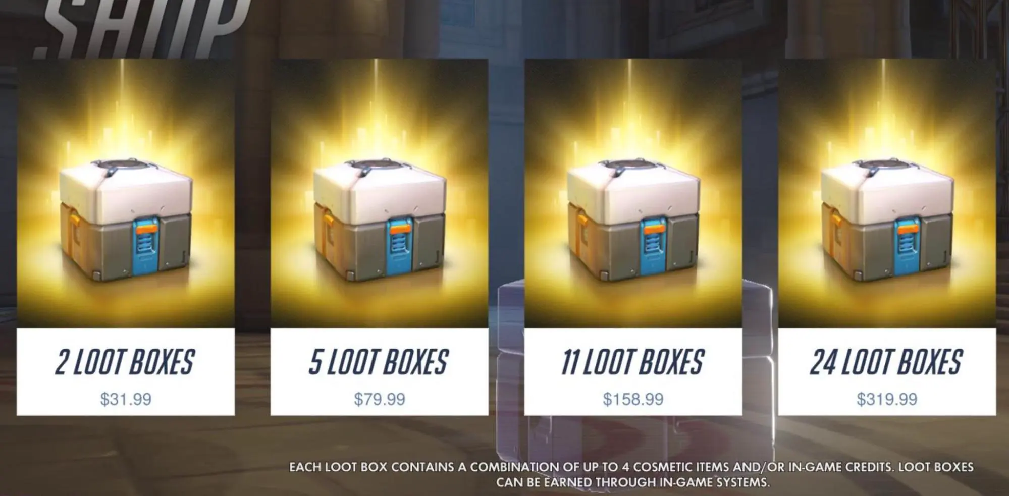 In-game store selling loot box bundles of 2, 5, 11 and 24 at prices rising to over 300 dollars