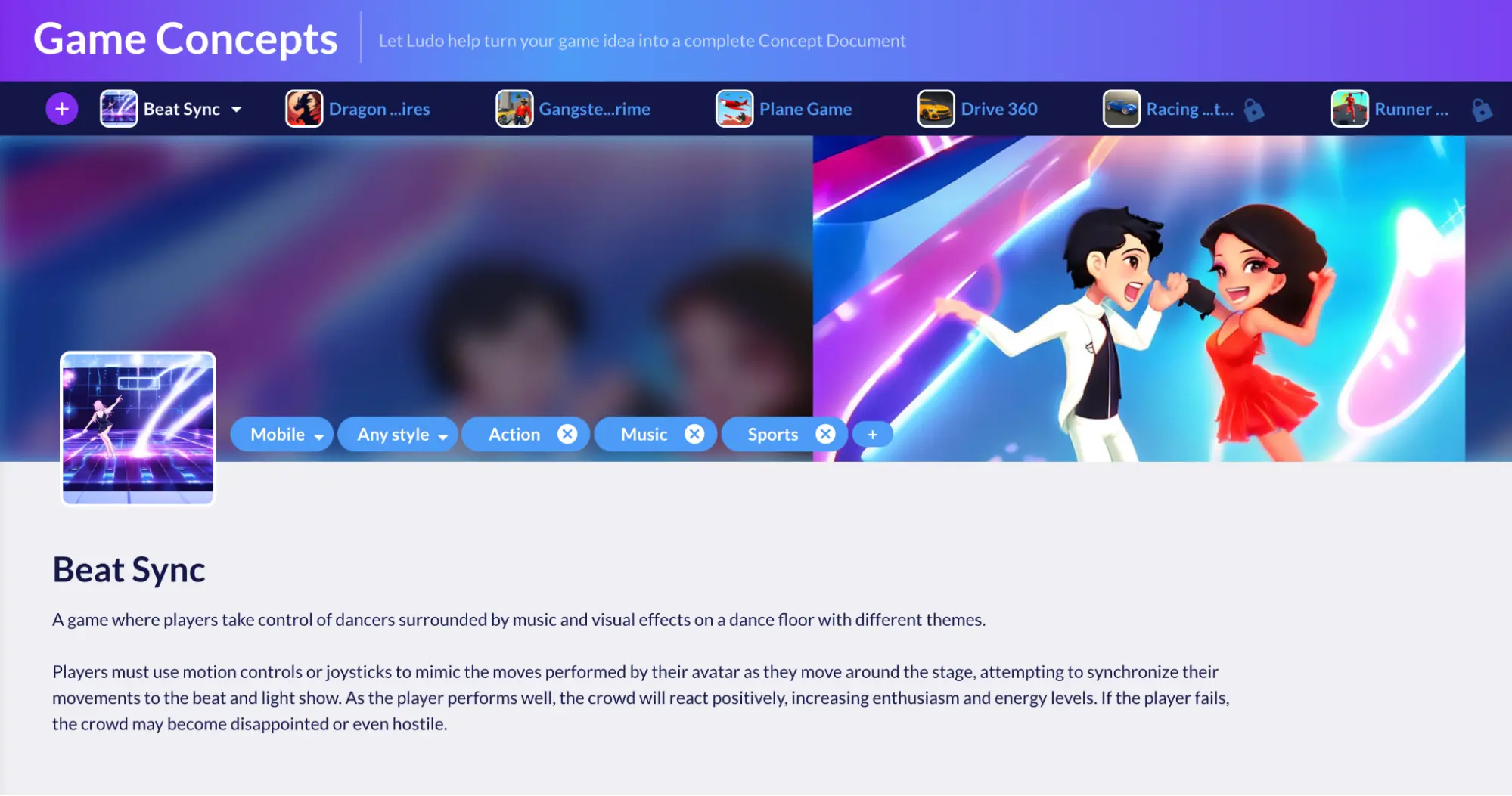 Ludo.ai Game Concepts page for Beat Sync, with mobile and genre tags, dancer key art and a summary