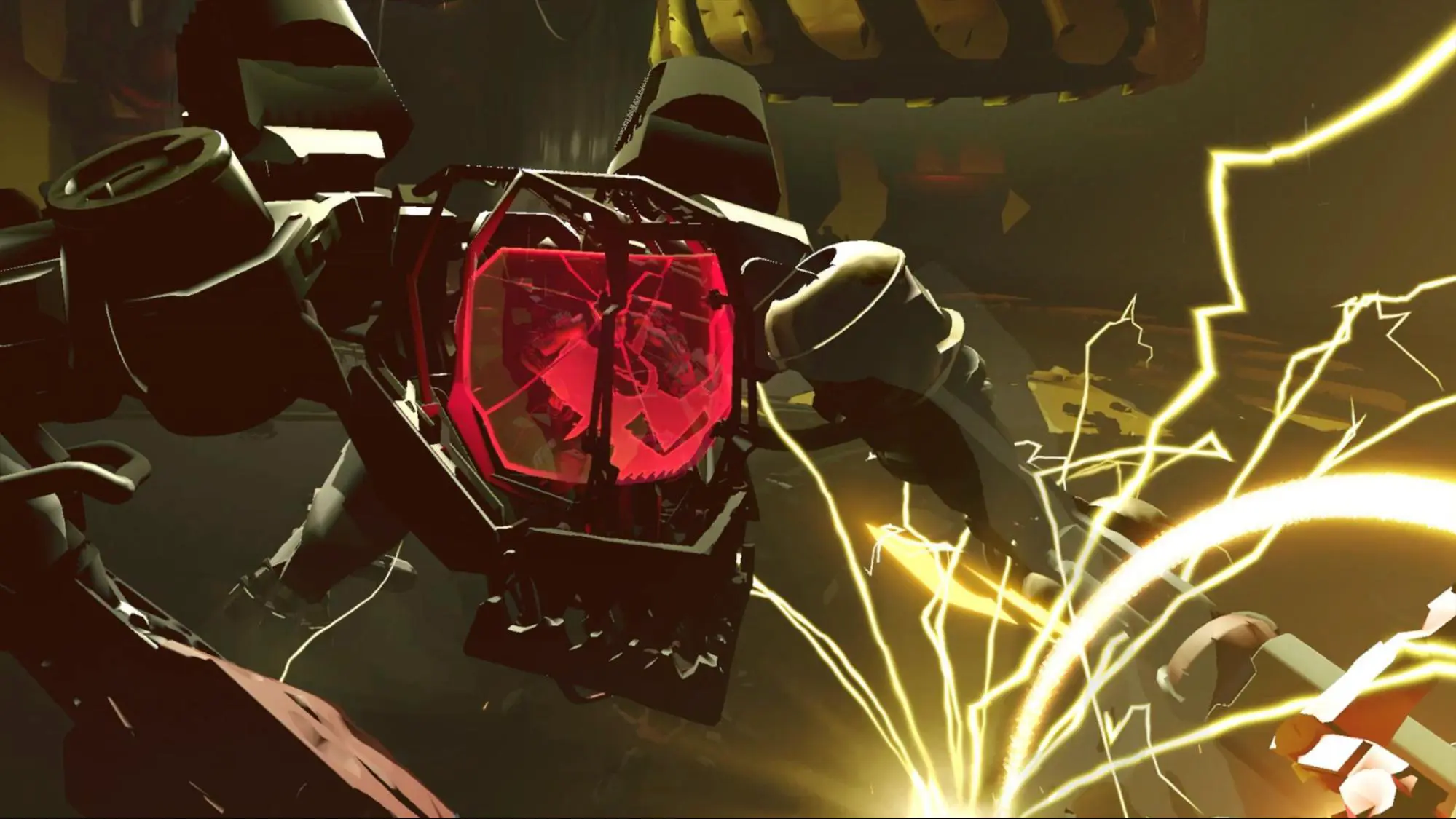 Cel shaded mech with a glowing red cockpit swinging a fist amid arcs of yellow electricity