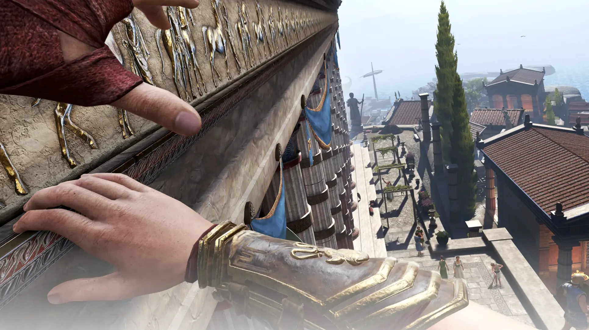 Assassin's Creed Nexus VR: first-person climb along a temple facade high above an ancient Greek city
