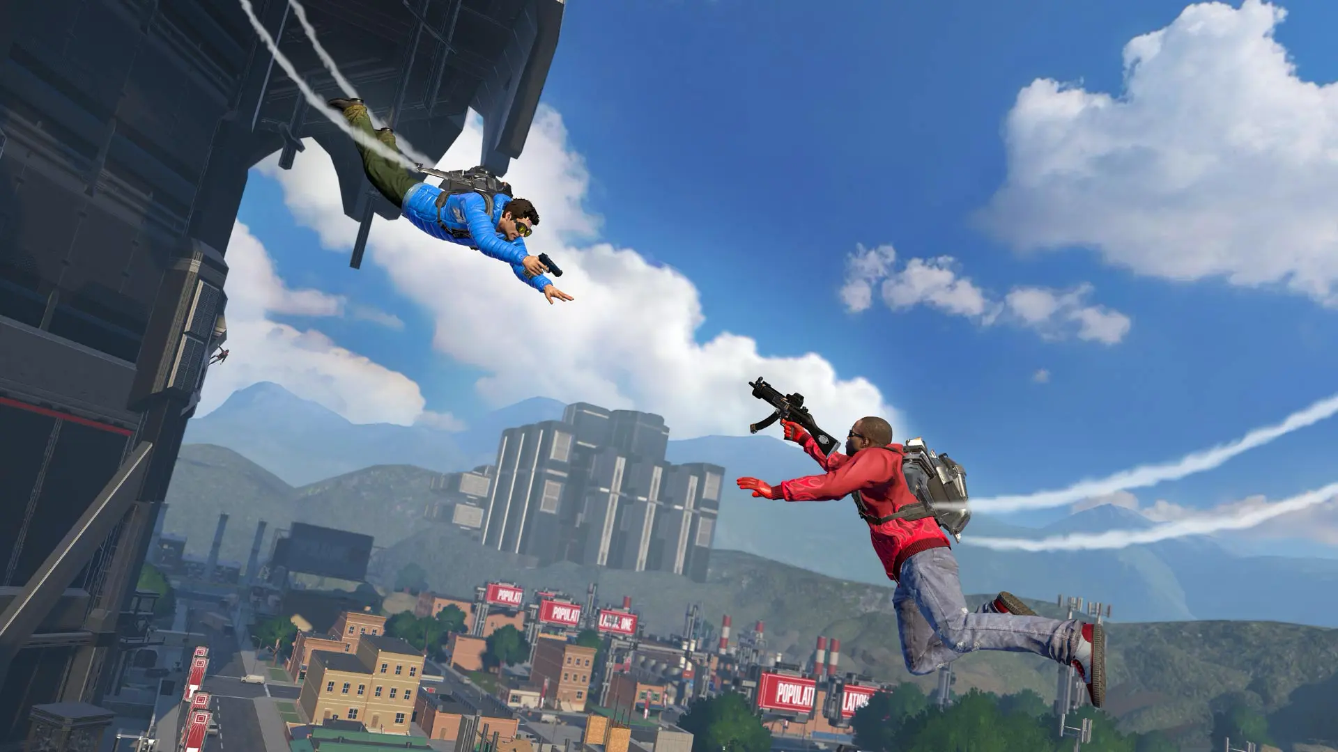 Two armed players in freefall over the town map of the free-to-play battle royale Population One
