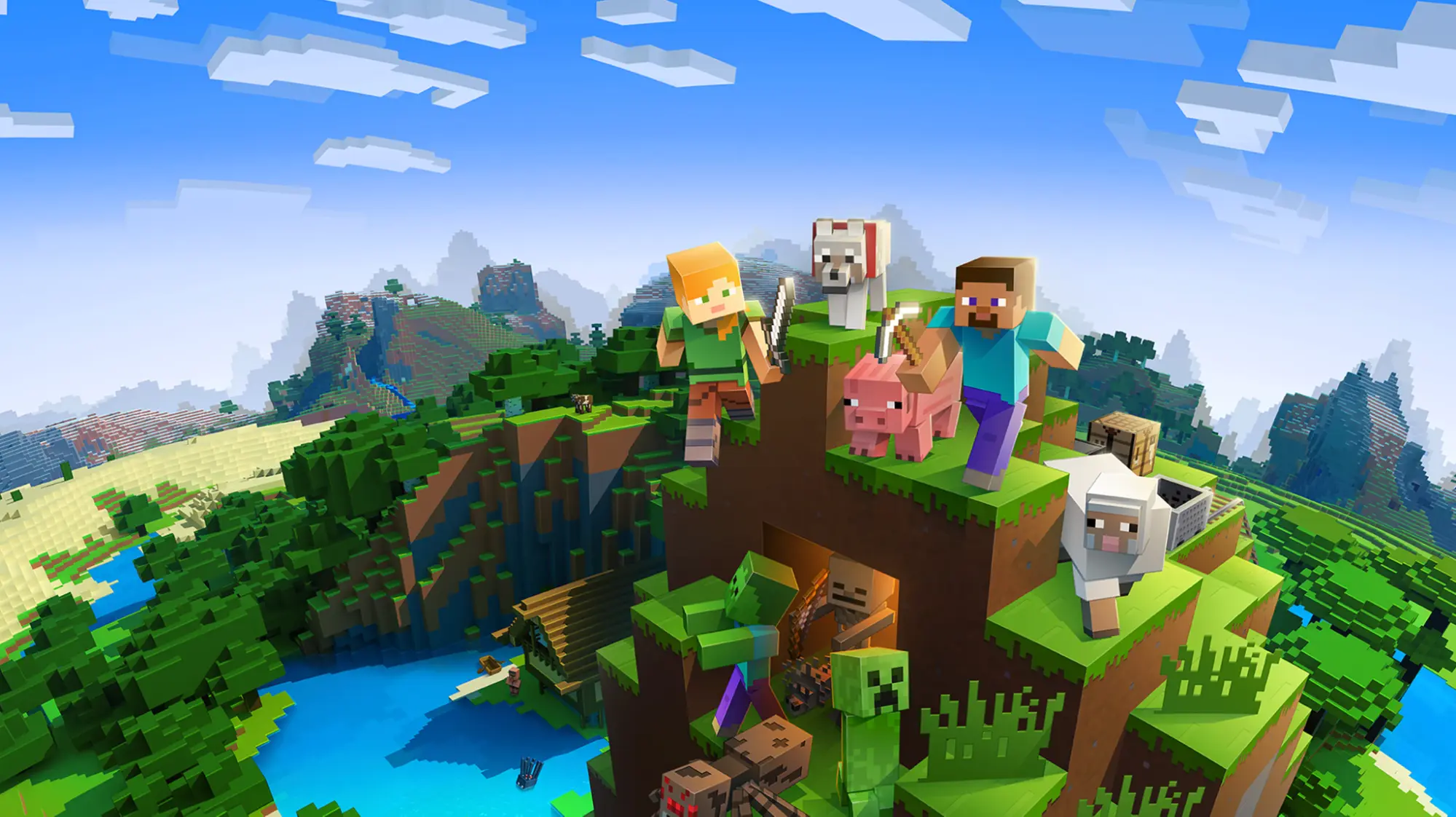 Minecraft key art with Steve, Alex, a wolf, pig, sheep and creeper on a blocky grass cliff above a lake