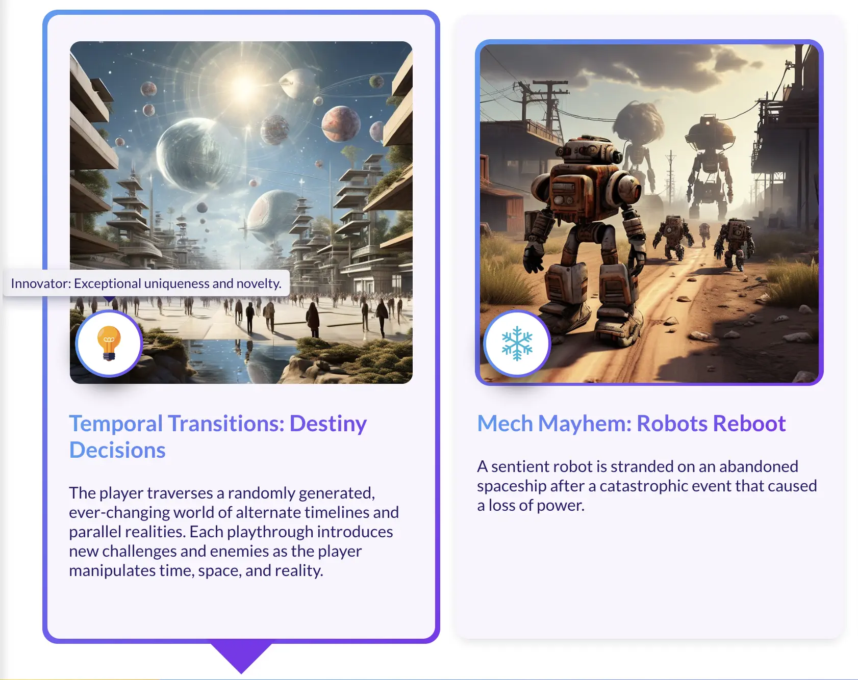 Two Ludo.ai game concept cards, Temporal Transitions and Mech Mayhem, each carrying a Ludo Score badge icon