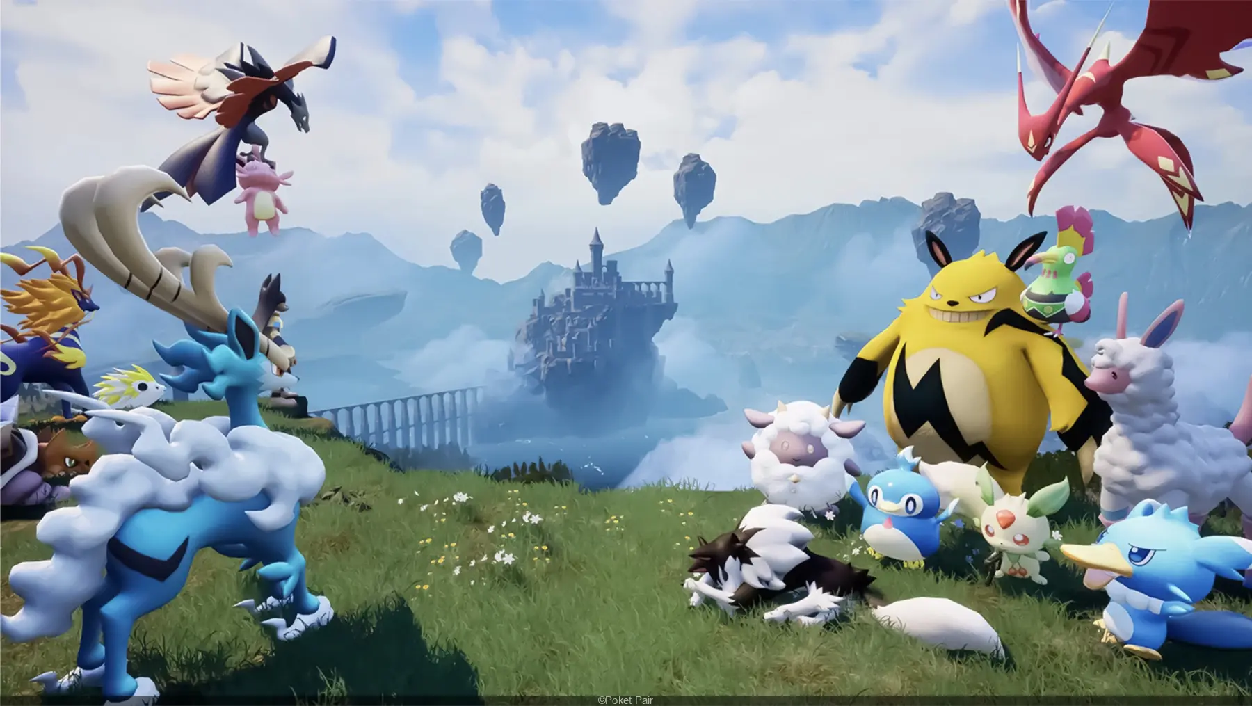 Palworld creatures gathered on a grassy hilltop, a castle floating above misty mountains behind them