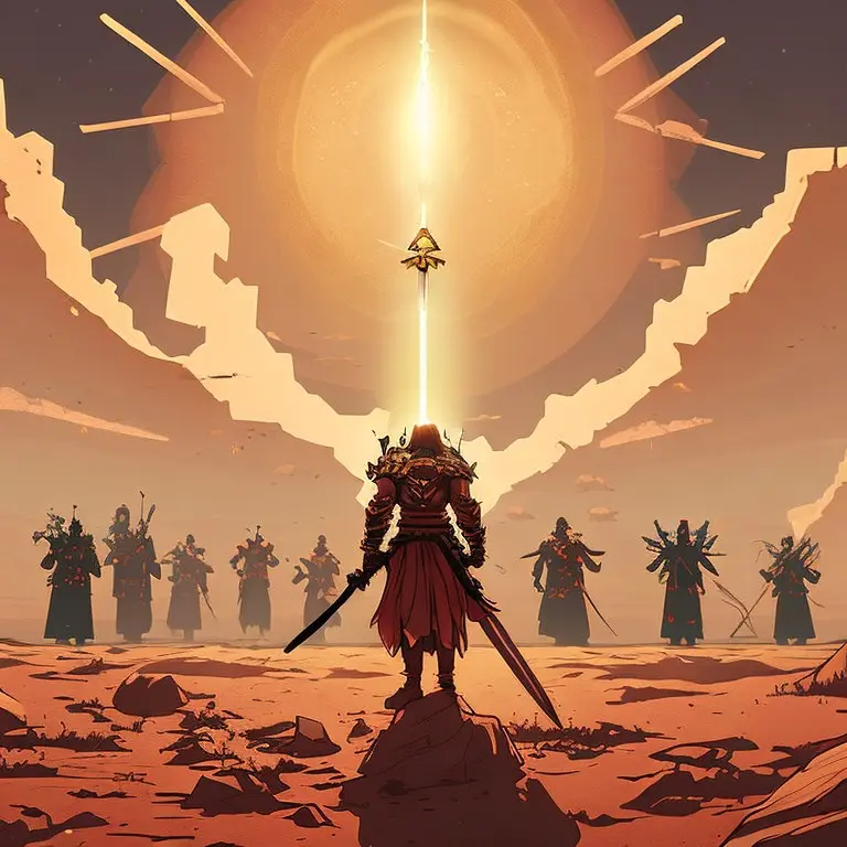 AI-generated key art of a lone armored swordsman facing silhouetted foes under a blazing sun in a red desert