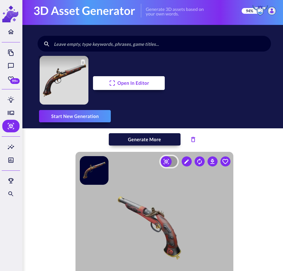3D Asset Generator using a flintlock pistol reference image to build a matching textured 3D pistol