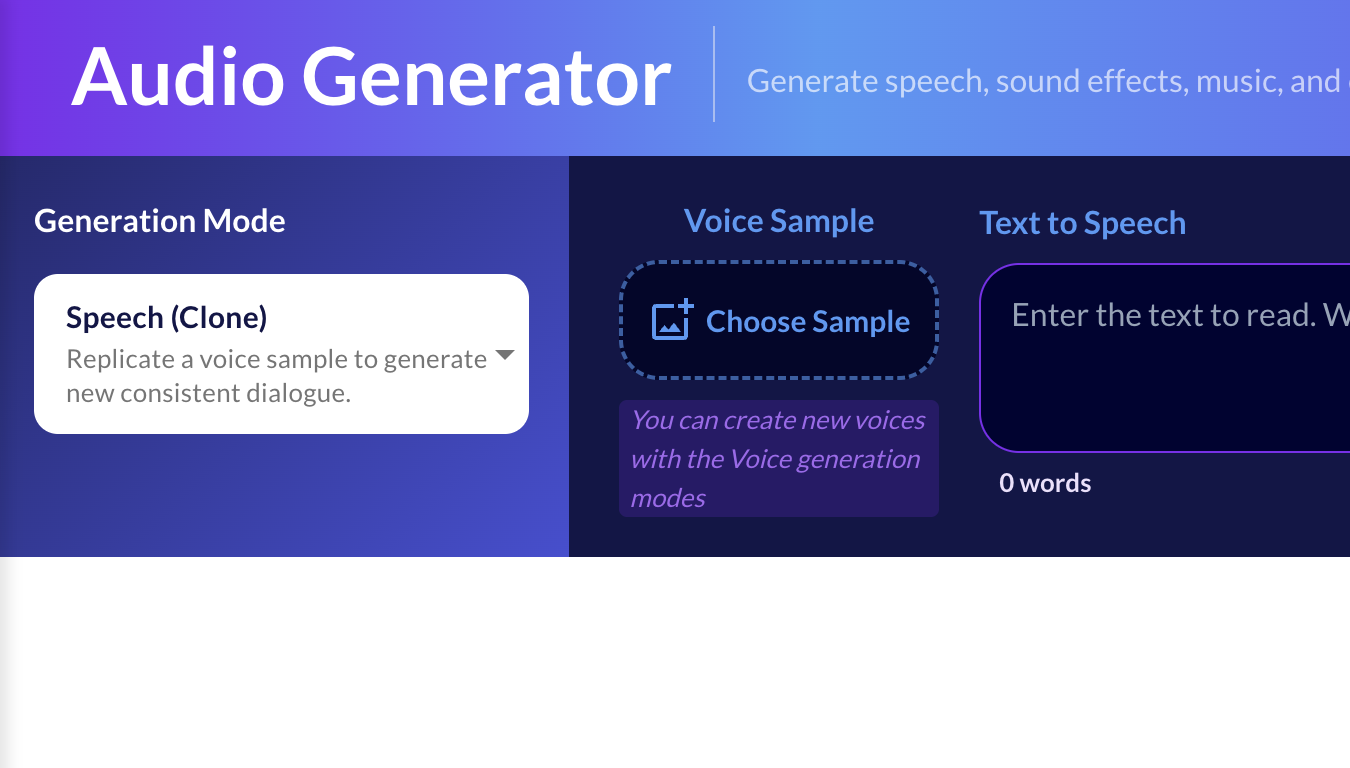 Speech clone mode asking for a voice sample and the text to read, with a running word counter