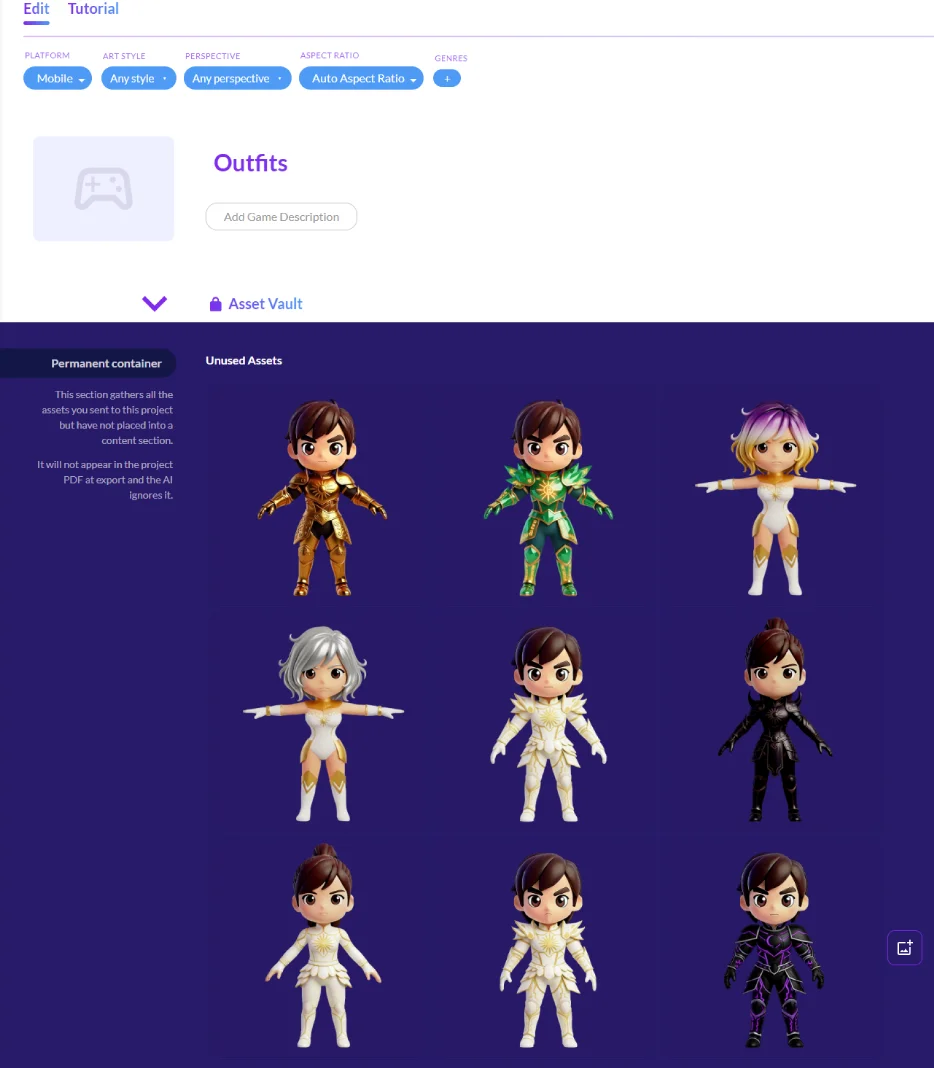Outfit set concepts in the Ludo asset vault