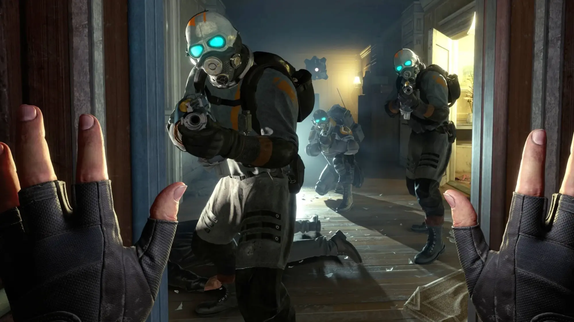 Half-Life Alyx: masked Combine soldiers advance down a hallway as the player raises both gloved hands