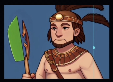 Cartoon tribal warrior in gold jewellery holding a green-bladed spear, an example of a style-locked asset variation