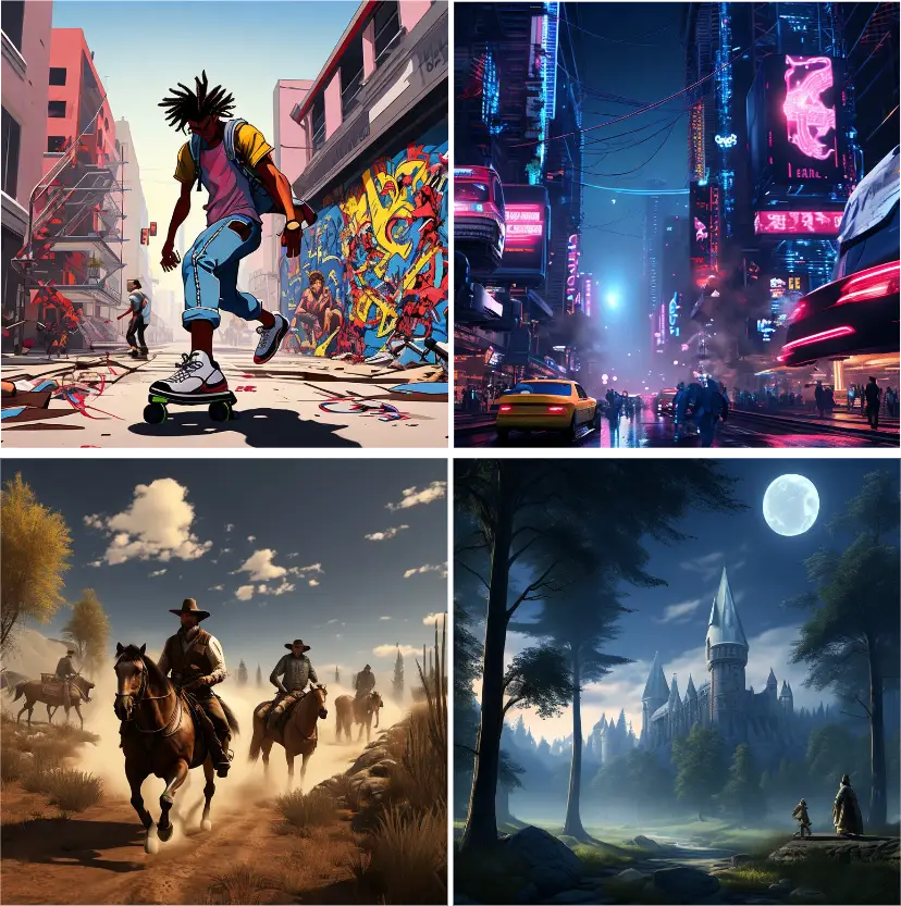 Four AI art styles: comic skater, neon cyberpunk street, western riders and a moonlit castle wood