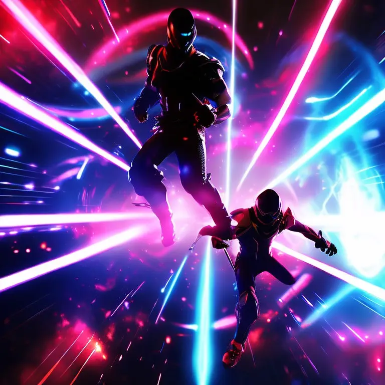 AI-generated action art of two armored fighters clashing amid streaks of neon red and blue light