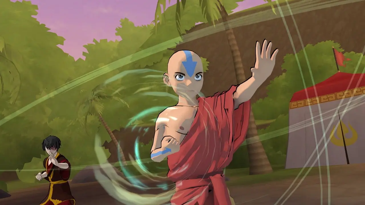 Cel shaded airbender character channelling a swirl of wind in a jungle village, from a stylised action game