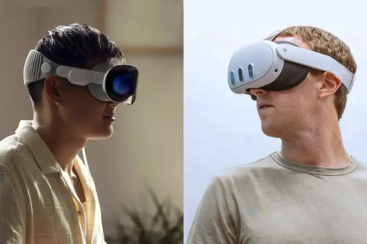 Side by side portraits of two people wearing an Apple Vision Pro and a Meta Quest 3 headset