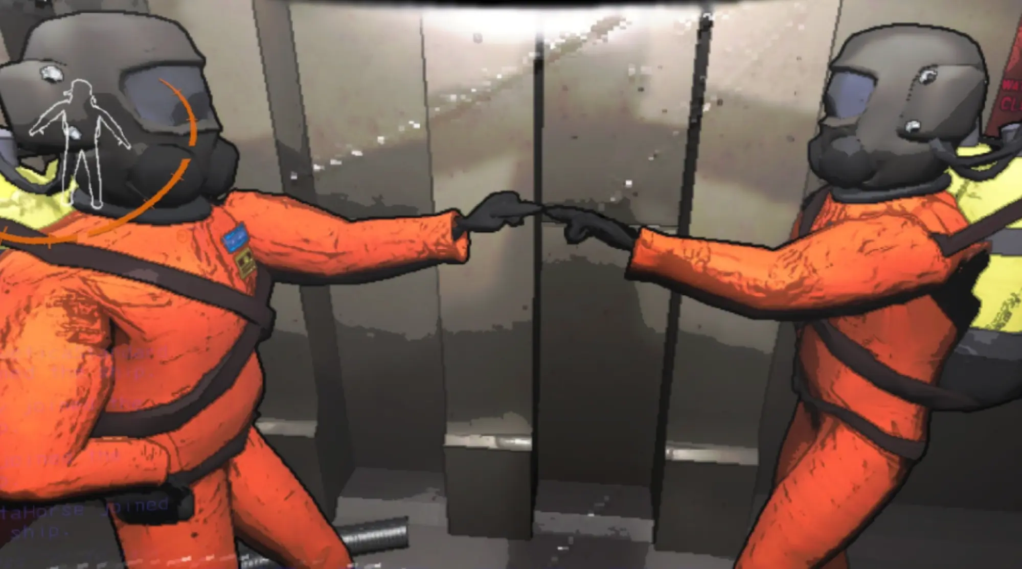 Two orange suited crewmates fist bumping in a ship airlock, in Lethal Company's rough sketch art style