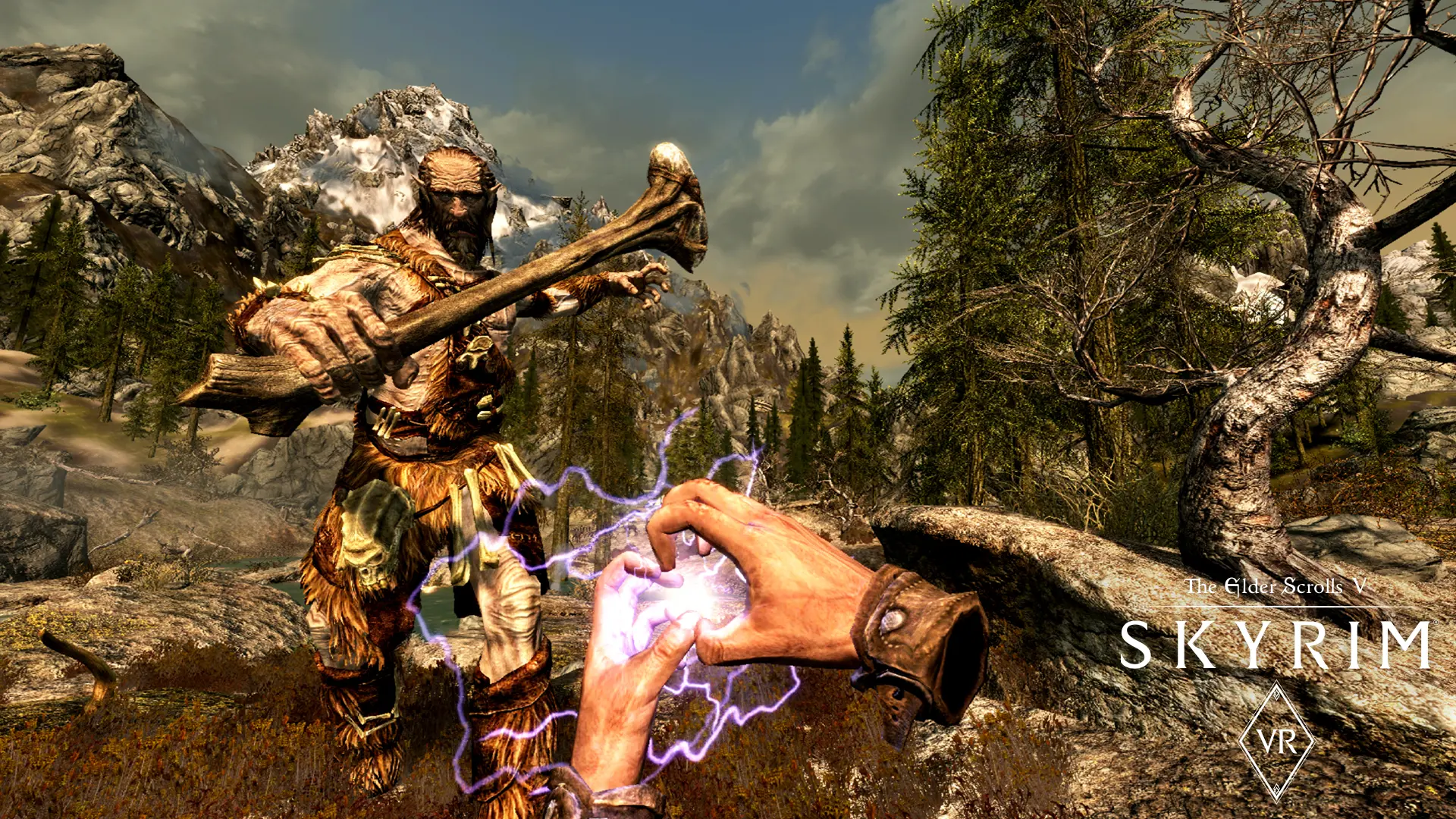 Skyrim VR combat: the player casts a crackling lightning spell at a club-swinging giant in a valley