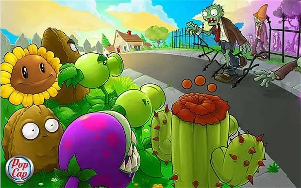Plants vs Zombies artwork with a sunflower, peashooters and a cactus defending a lawn as zombies shamble up the street