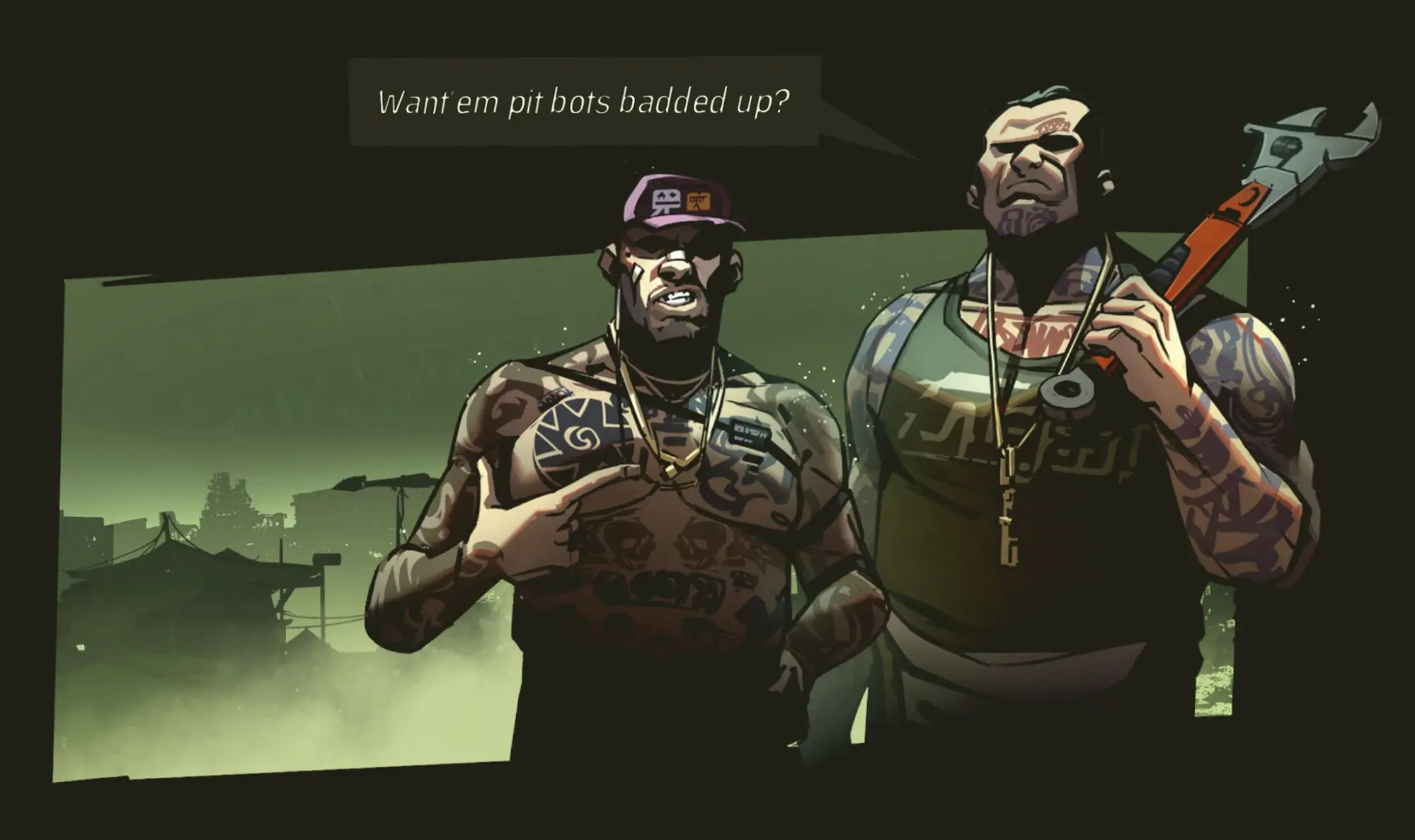 Comic book styled cutscene of two tattooed mechanics talking over a green tinted slum skyline