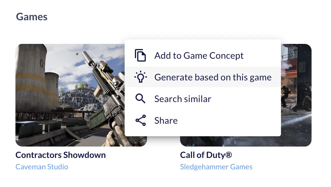 Ludo.ai game search results with a menu offering Add to Game Concept, Generate based on this game