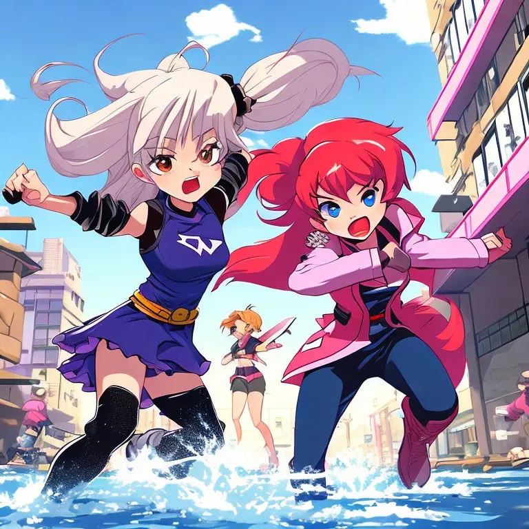 AI-generated anime style art of two girls mid-fight, dashing through a flooded city street
