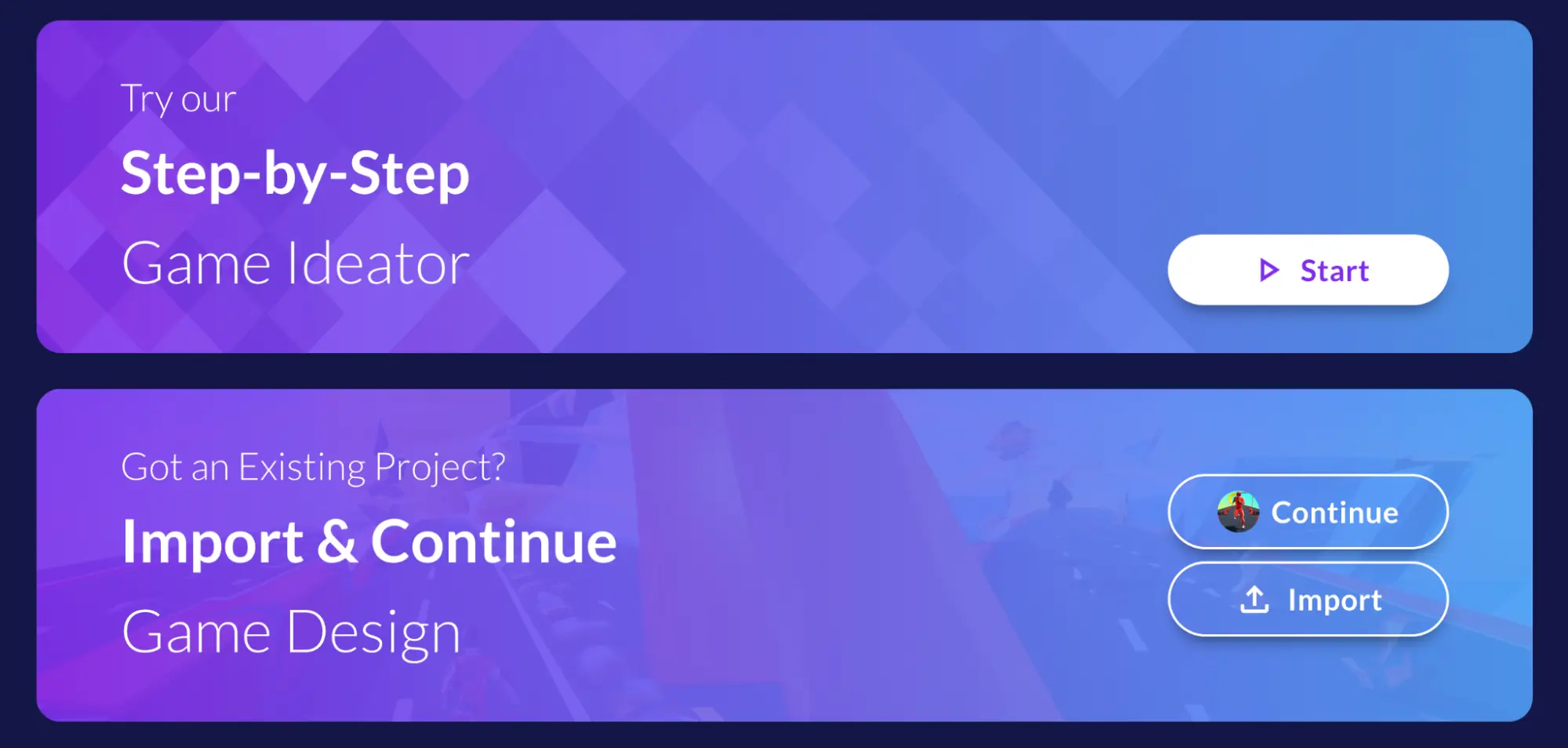 Ludo.ai homepage banners for the Step-by-Step Game Ideator and for importing an existing game design project