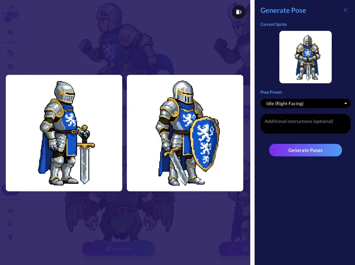 Ludo.ai Generate Pose panel set to an Idle Right Facing preset, with two pixel art knight poses to choose from