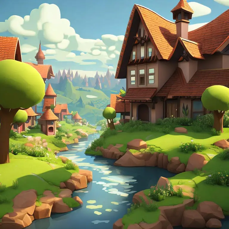 Ludo.ai generated concept art of a stylised village of timbered cottages beside a stream winding through green hills