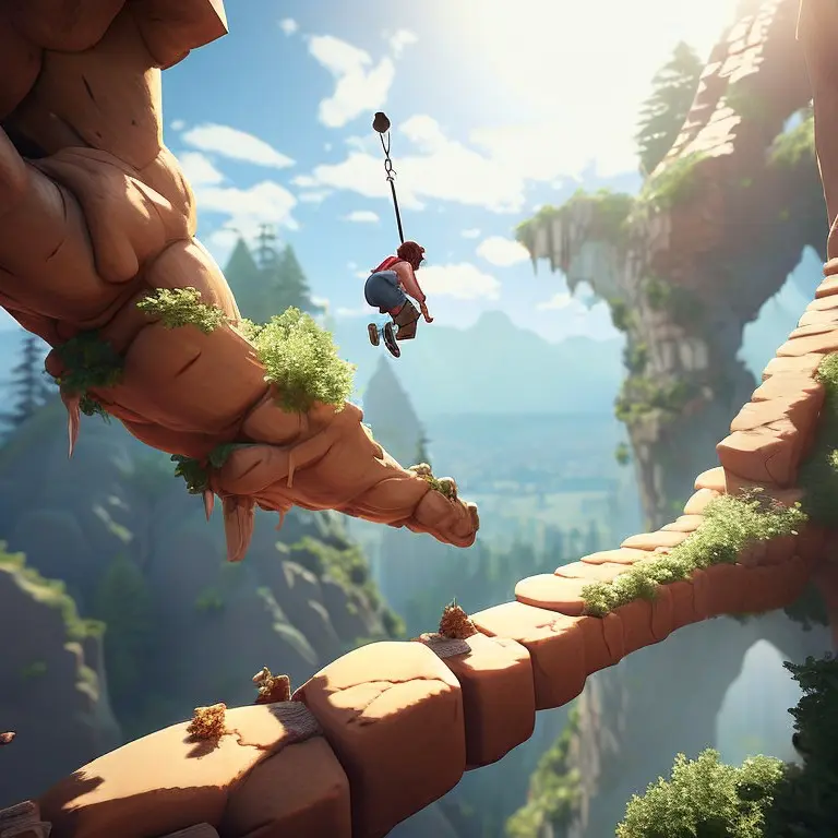 AI-generated concept art of a character swinging on a rope above a canyon spanned by a stone rock bridge