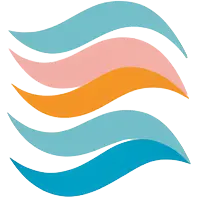 Whisper badge icon from the Ludo Score, five stacked wavy lines in teal, pink and orange