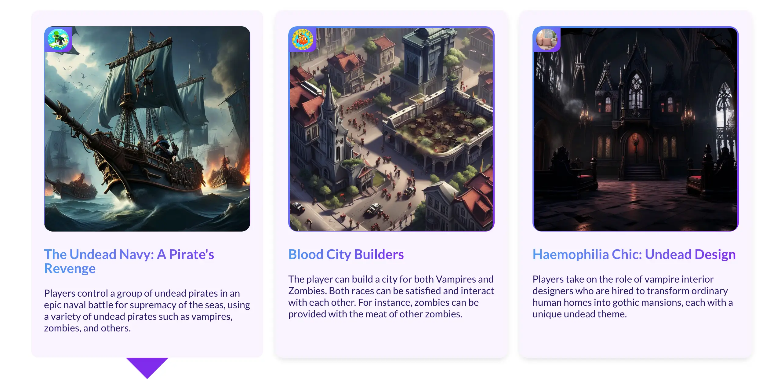 Three Game Ideator concept cards with cover art: an undead naval battle, an isometric city and a gothic vampire hall