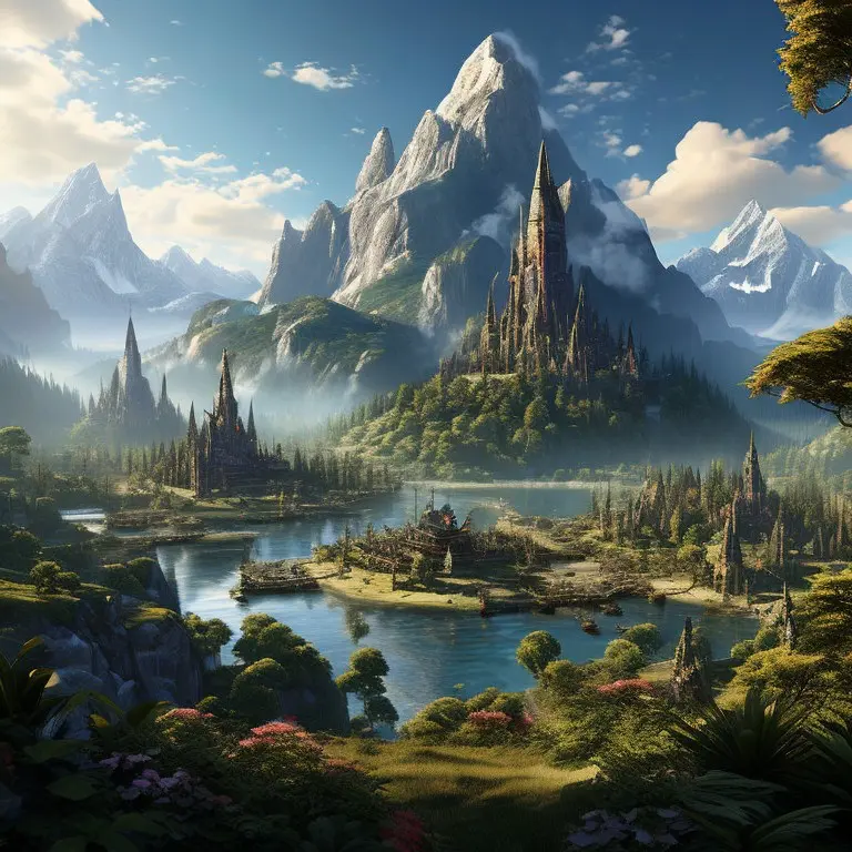 AI-generated fantasy landscape with a spired castle on a forested mountain above a winding lake
