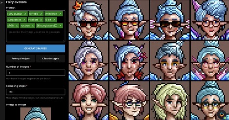 Scenario prompt panel producing a grid of pixel art fairy avatars that all share the same trained style