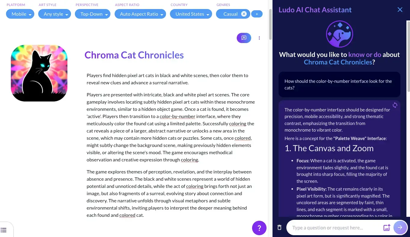 Ask Ludo assistant answering an interface question for the Chroma Cat Chronicles concept it has already read