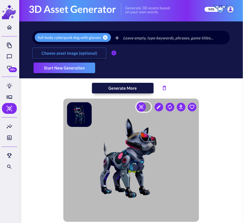3D Asset Generator turning the prompt full-body cyberpunk dog with glasses into a robotic dog model