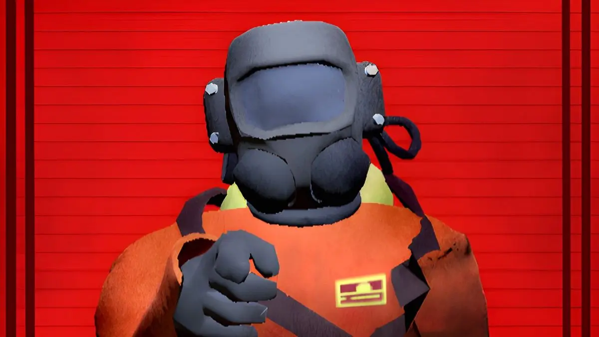 Indie game character in an orange jumpsuit and grey helmet pointing at the viewer against a red wall