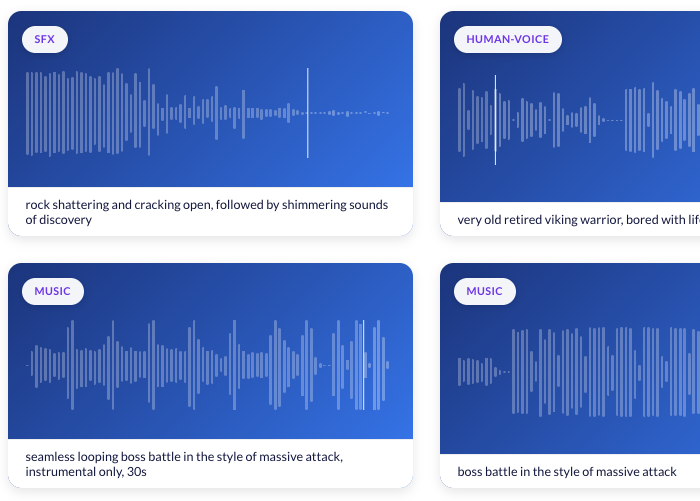 Generated audio cards tagged SFX, human voice and music, each showing a waveform and the prompt behind it
