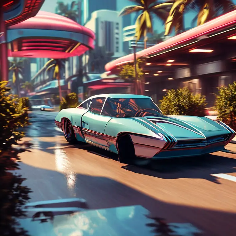AI-generated art of a teal retro sports car speeding along a neon-lit, palm-lined boulevard