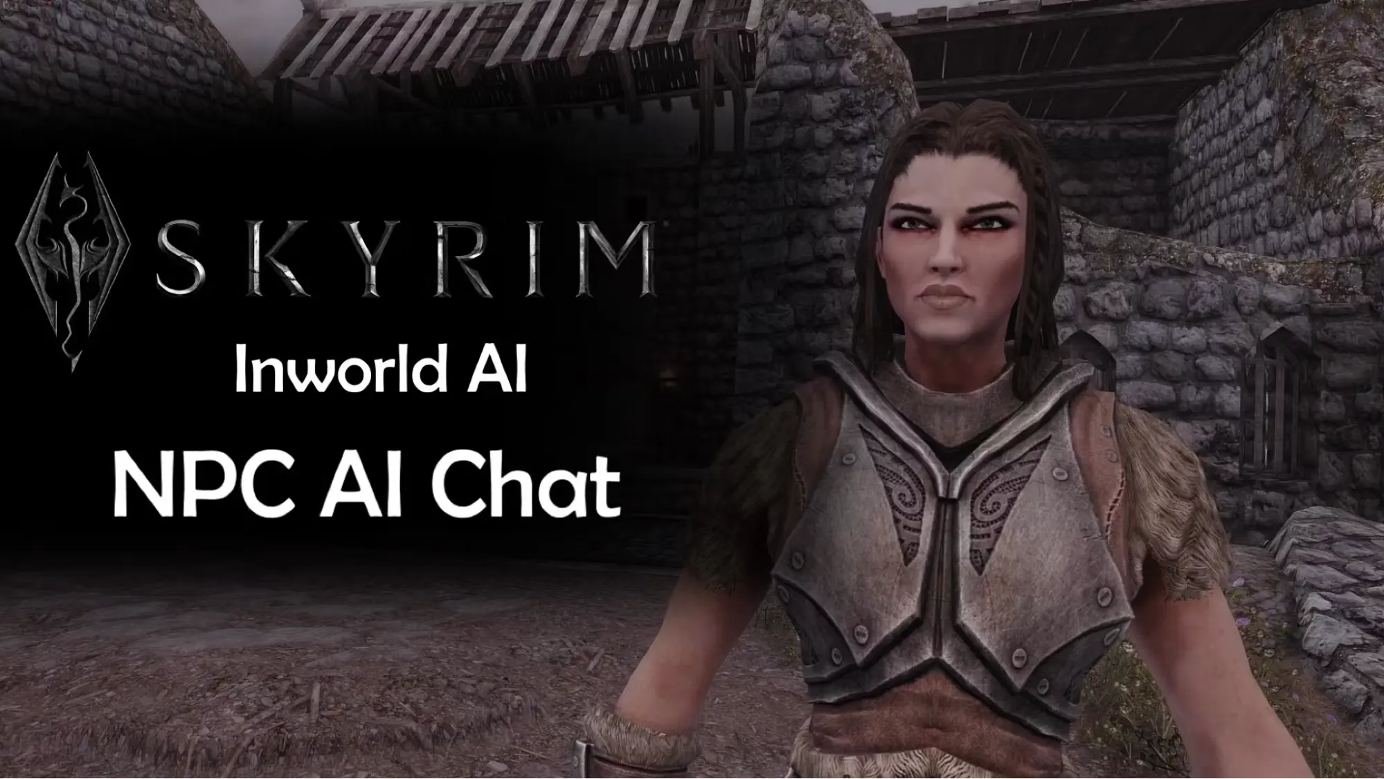 Skyrim mod title card for Inworld AI NPC Chat, with an armored Nord woman standing in a stone village