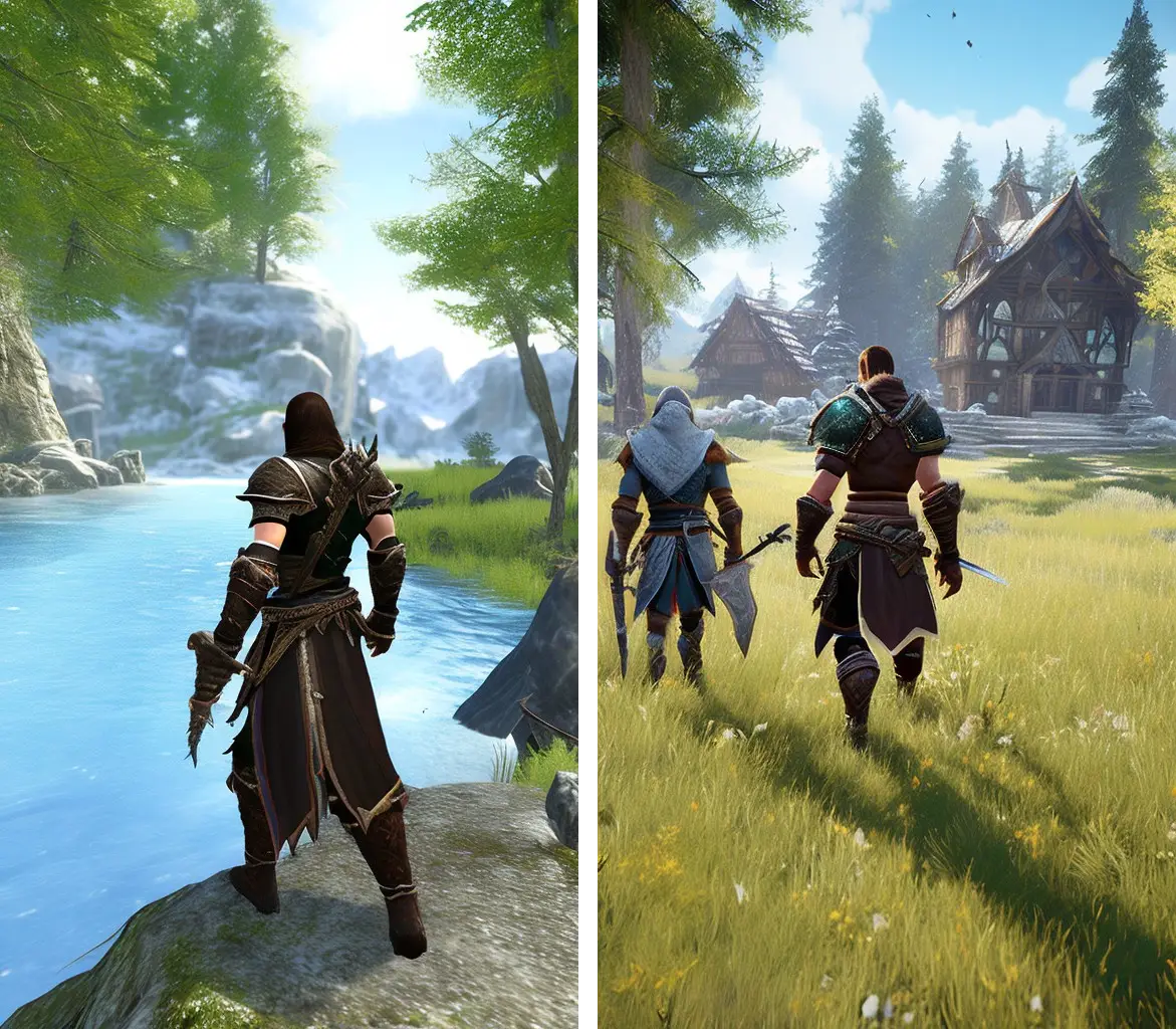 Two AI generated RPG scenes: an armoured ranger beside a lake and two adventurers walking to a timber longhouse