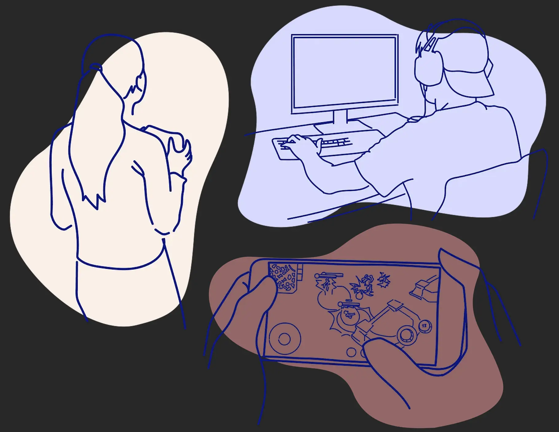 Line art illustration of three players: a thoughtful woman, a PC gamer wearing a headset and hands holding a phone mid-game